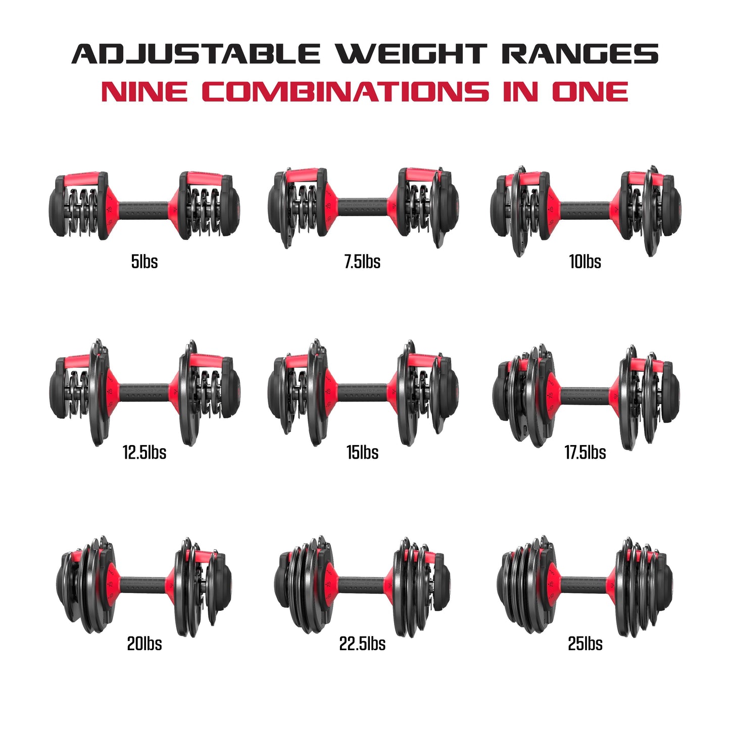 Smartbell 2-Pack Adjustable Dumbbells (5-25 lbs in 2.5 lb Increments) - Quick-Select 9-in-1 for Home Gym, 25 lbs Each