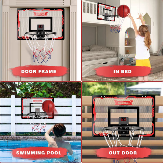 Indoor Mini Basketball Hoop with LED Lights, Electronic Scoreboard, and 2 Balls – Over-the-Door Basketball Set for Kids, Teens, and Adults (Ages 5-12+) 